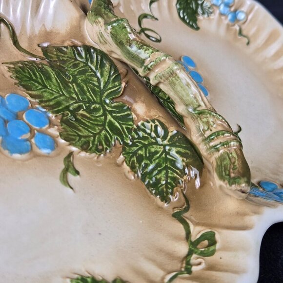 Vintage Majolica Grapevine 2 Section Candy Dish/Olive Dish Painted & Glazed - Picture 7 of 13